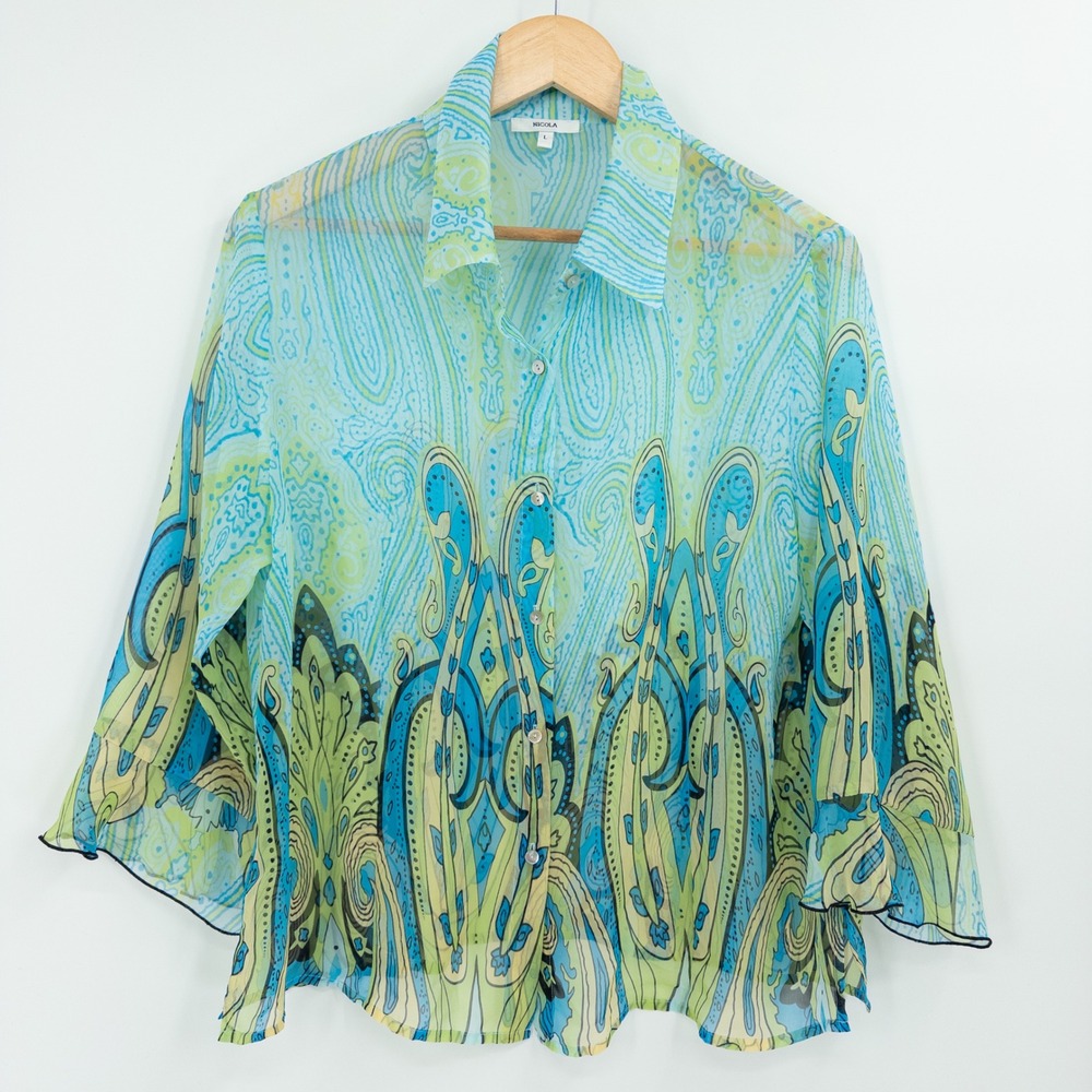 Y2K Sheer Paisley Top Womens L Turquoise Green‎ Boho Flowy Top Retro Peasant